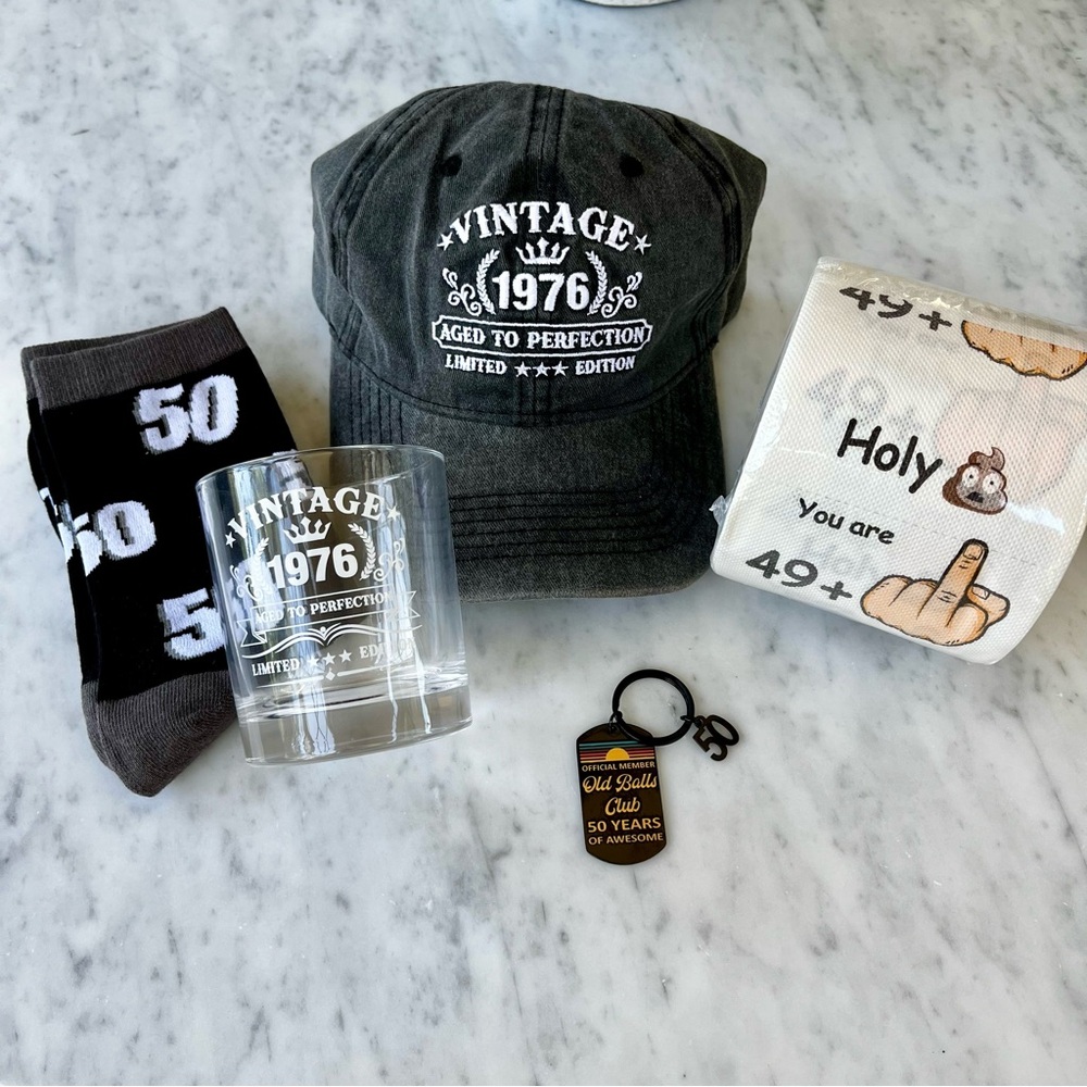 50th Birthday Gift Set - Novelty Socks, Whiskey Glass, Keychain & Toilet Paper